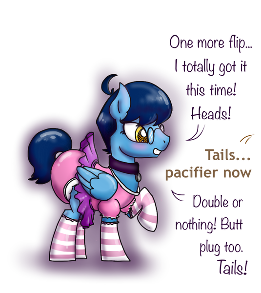 Size: 878x984 | Tagged: questionable, artist:kill joy, derpibooru import, oc, unofficial characters only, pegasus, pony, abdl, blushing, clothes, collar, diaper, diaper fetish, fetish, gambling, glasses, offscreen character, onesie, pet tag, poofy diaper, sissy, socks, solo, striped socks, tutu