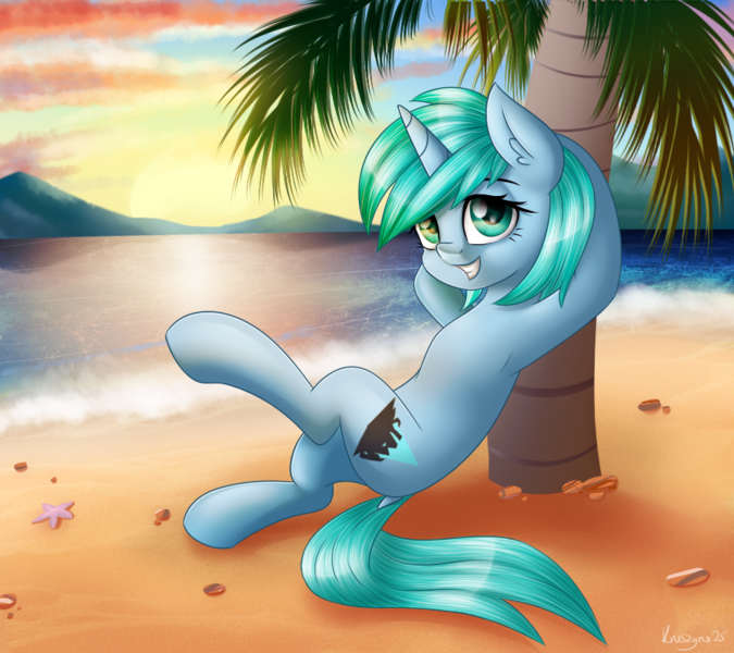 Size: 900x800 | Tagged: safe, artist:kruszyna25, derpibooru import, oc, unofficial characters only, pony, unicorn, armpits, beach, commission, female, looking at you, mare, palm tree, relaxed, smiling, solo, sunrise, tree, ych result