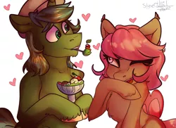 Size: 1828x1332 | Tagged: safe, artist:slynecallisto, derpibooru import, oc, oc:fruitful melody, oc:rc, unofficial characters only, bat pony, pony, unicorn, date, female, food, frc, heart, ice cream, male, shipping, simple background, straight, ych result