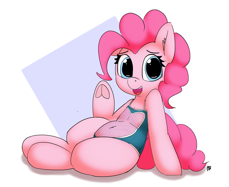 Size: 7846x6434 | Tagged: suggestive, artist:pabbley, derpibooru import, pinkie pie, earth pony, pony, 30 minute art challenge, abstract background, absurd resolution, belly button, clothes, female, frog (hoof), frontal-mesh swimsuit, hoofbutt, looking at you, mare, one-piece swimsuit, open mouth, simple background, solo, solo female, swimsuit, underhoof, waving