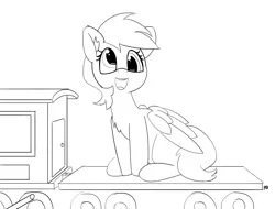 Size: 5000x3795 | Tagged: safe, artist:pabbley, derpibooru import, derpy hooves, pegasus, pony, 30 minute art challenge, absurd resolution, chest fluff, cute, female, lineart, macro, mare, monochrome, open mouth, simple background, sitting, smiling, solo, train, white background