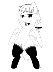 Size: 5000x6777 | Tagged: suggestive, artist:pabbley, derpibooru import, inky rose, pegasus, pony, honest apple, absurd resolution, arm behind head, armpits, belly button, bipedal, clothes, ear fluff, female, lidded eyes, looking at you, mare, monochrome, pubic fluff, simple background, socks, solo, solo female, stockings, thigh highs, white background