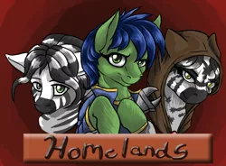 Size: 1012x745 | Tagged: safe, artist:wildheart-wolfsong, derpibooru import, oc, oc:majina, oc:pythia, oc:scotch tape, unofficial characters only, earth pony, pony, zebra, fallout equestria, fallout equestria: homelands, cloak, clothes