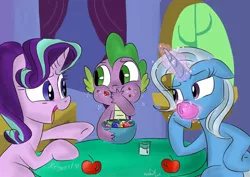 Size: 1024x724 | Tagged: safe, artist:emositecc, derpibooru import, spike, starlight glimmer, trixie, dragon, pony, unicorn, apple, baby, baby dragon, bowl, cup, curtains, cute, diatrixes, eating, female, food, gem, glimmerbetes, levitation, magic, male, mare, request, signature, spikabetes, table, tea, teacup, telekinesis, that pony sure does love teacups, the amazing trio of friendship, twilight's castle, water, window