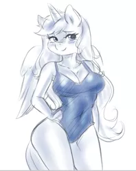 Size: 484x611 | Tagged: alicorn, anthro, artist:mrscurlystyles, breasts, clothes, derpibooru import, female, oc, oc:artshine, one-piece swimsuit, simple background, solo, solo female, suggestive, swimsuit, unofficial characters only, white background