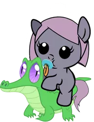 Size: 786x1017 | Tagged: artist needed, safe, derpibooru import, gummy, ponified, pony, baby, baby pony, cute, pacifier, ponies riding gators, riding, simple background, sonata, the puzzle hunters, transparent background