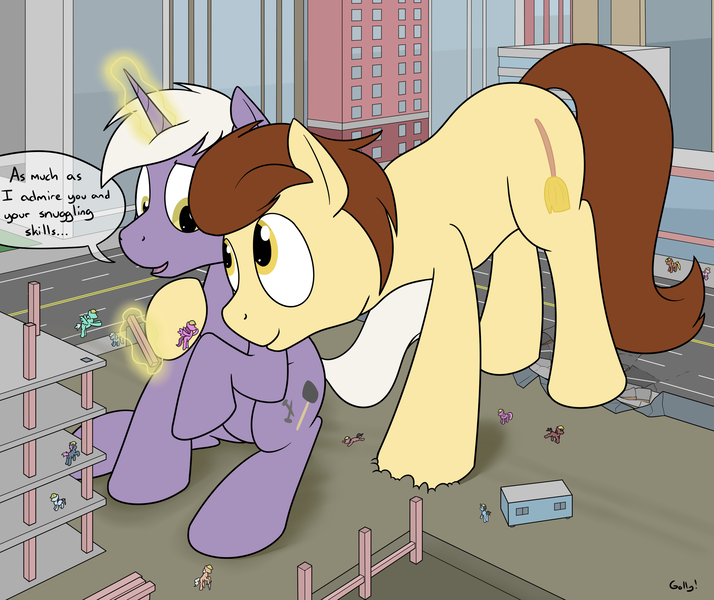 Size: 2380x2000 | Tagged: safe, artist:rapidstrike, derpibooru import, oc, oc:city sweep, oc:drawbridge, unofficial characters only, pony, building, city, commission, construction site, dialogue, giant pony, levitation, macro, magic, sitting, speech bubble, telekinesis