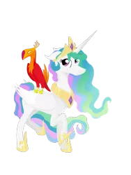 Size: 774x1032 | Tagged: safe, artist:pony-from-everfree, derpibooru import, philomena, princess celestia, alicorn, pony, crown, digital art, gold, horseshoes, jewelry, jewels, lineless, messy mane, necklace, perch, pet, regalia, royalty, simple background, transparent background, vector