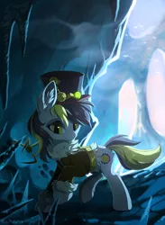 Size: 936x1280 | Tagged: safe, artist:hioshiru, derpibooru import, oc, unofficial characters only, earth pony, pony, clothes, costume, ear fluff, female, gear, hat, ice, jacket, leg fluff, looking at you, mare, steampunk, ych result