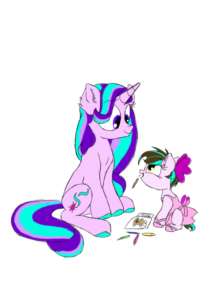 Size: 600x800 | Tagged: safe, artist:doodletheexpoodle, derpibooru import, starlight glimmer, oc, oc:pocket watch, pony, unicorn, clothes, female, filly, mother and daughter, offspring, parent:doctor whooves, parent:starlight glimmer, parents:starwhooves, simple background, tutu, white background