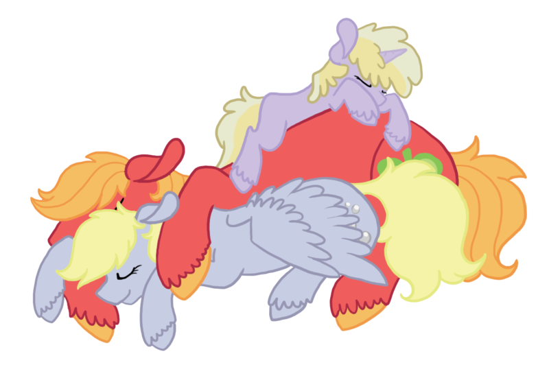 Size: 1169x782 | Tagged: safe, artist:fudge-butts, derpibooru import, big macintosh, derpy hooves, dinky hooves, earth pony, pegasus, pony, unicorn, derpymac, female, filly, male, mare, pony pile, shipping, simple background, sleeping, stallion, straight, transparent background, unshorn fetlocks