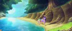 Size: 2271x990 | Tagged: safe, artist:balade, derpibooru import, spike, twilight sparkle, twilight sparkle (alicorn), alicorn, dragon, pony, big crown thingy, crown, duo, female, forest, jewelry, letter, mare, patreon, quill, regalia, river, scenery, smiling, tree
