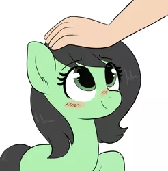 Size: 1646x1672 | Tagged: safe, artist:moozua, derpibooru import, oc, oc:anonfilly, unofficial characters only, earth pony, human, pony, adoranon, blushing, cute, ear fluff, female, filly, hand, happy, looking up, ocbetes, petting, raised hoof, simple background, smiling, solo focus, weapons-grade cute, white background