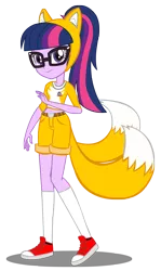 Size: 1555x2610 | Tagged: safe, artist:trungtranhaitrung, derpibooru import, sci-twi, twilight sparkle, equestria girls, belly button, checkered background, clothes, converse, cosplay, costume, crossover, female, fox ears, glasses, looking at you, midriff, miles "tails" prower, raised leg, shoes, shorts, simple background, smiling, socks, solo, sonic the hedgehog (series), transparent background, waving