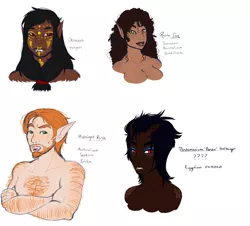 Size: 3008x2720 | Tagged: androgynous, artist:theecchiqueen, beard, body hair, breasts, dark skin, demon, derpibooru import, elf ears, face paint, facial hair, fangs, female, freckles, horns, human, humanized, humanized oc, looking at you, makeup, male, oc, oc:midnight rush, oc:octavus, oc:pandie, oc:rasta jam, scales, scar, simple background, slit eyes, suggestive, tiefling, unofficial characters only, white background