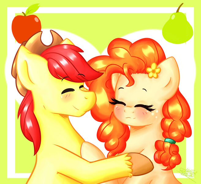 Size: 1024x937 | Tagged: safe, artist:girlunicorn, derpibooru import, bright mac, pear butter, pony, the perfect pear, blushing, brightbutter, female, male, shipping, straight