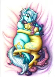 Size: 2487x3456 | Tagged: safe, artist:lupiarts, derpibooru import, bon bon, lyra heartstrings, sweetie drops, earth pony, pony, unicorn, bed, chubby, cuddling, eyes closed, fat, feedee, feeder, feeder bon bon, female, lard-ra heartstrings, lesbian, lyra feedee, lyrabon, mare, pudgy, romance, shipping, unshorn fetlocks