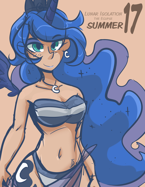 Size: 2550x3300 | Tagged: artist:dracojayproduct, bikini, clothes, derpibooru import, ear piercing, earring, horned humanization, human, humanized, jewelry, necklace, piercing, princess luna, safe, sarong, simple background, smiling, solo, swimsuit, winged humanization, wings