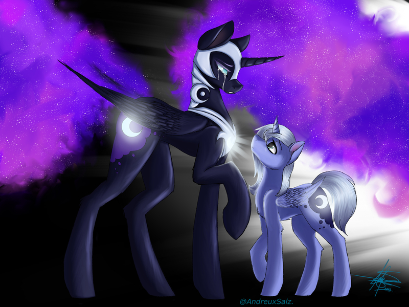 Size: 2048x1536 | Tagged: safe, artist:andreuxsalz, derpibooru import, nightmare moon, princess luna, alicorn, pony, chest fluff, crying, duality, looking at each other, raised hoof, s1 luna