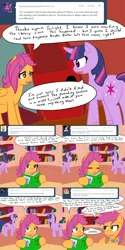 Size: 1600x3200 | Tagged: safe, artist:jake heritagu, derpibooru import, scootaloo, trixie, pony, ask miss twilight sparkle, ask pregnant scootaloo, tumblr:ask twixie, book, comic, crossover, cut, female, golden oaks library, implied self harm, lesbian, lesboloo, miss twilight sparkle, pregnant, pregnant scootaloo, self ponidox