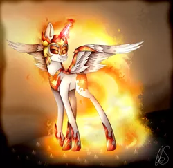 Size: 4364x4242 | Tagged: safe, artist:norica-official, derpibooru import, daybreaker, pony, a royal problem, absurd resolution, grin, mane of fire, raised hoof, smiling, solo, spread wings, wings