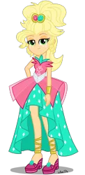 Size: 1800x3700 | Tagged: safe, artist:mixiepie, derpibooru import, applejack, equestria girls, simple ways, applejack is not amused, applejewel, bare shoulders, clothes, dress, female, freckles, high heels, looking at you, shoes, simple background, sleeveless, solo, strapless, transparent background, unamused