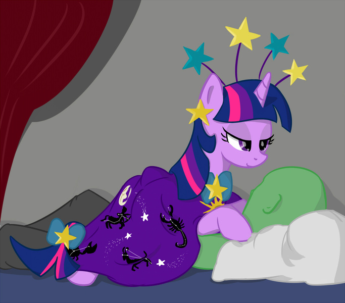 Size: 1200x1054 | Tagged: suggestive, artist:yukkuripalehorse, derpibooru import, twilight sparkle, oc, oc:anon, pony, unicorn, bed, bedroom eyes, clothes, constellation, dress, female, female on top, lying, lying on top of someone, male, mare, on back, on top, pillow, ribbon, unicorn twilight