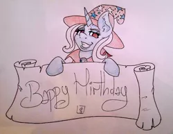 Size: 873x675 | Tagged: safe, artist:dimvitrarius, derpibooru import, trixie, pony, unicorn, banner, grin, happy birthday, smiling, solo, spoonerism, traditional art
