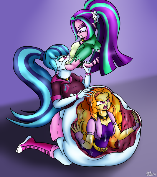 Size: 1600x1800 | Tagged: questionable, artist:novaspark, derpibooru import, adagio dazzle, aria blaze, sonata dusk, equestria girls, abdominal bulge, belly, breasts, clothes, fetish, impossibly large belly, internal, multiple prey, oral vore, same size vore, the dazzlings, vore, x-ray