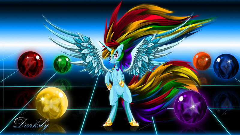 Size: 1191x670 | Tagged: safe, artist:oo-darksly-oo, derpibooru import, rainbow dash, alicorn, pony, element of generosity, element of honesty, element of kindness, element of laughter, element of loyalty, element of magic, elements of harmony, princess rainbow dash