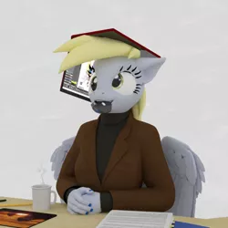 Size: 1000x1000 | Tagged: 3d, anthro, artist:tahublade7, blazer, business, clothes, coffee, computer, computer mouse, cute, daz studio, derpabetes, derpibooru import, derpy hooves, desk, hat, laptop computer, safe, silly, sweater, turtleneck, tutorial