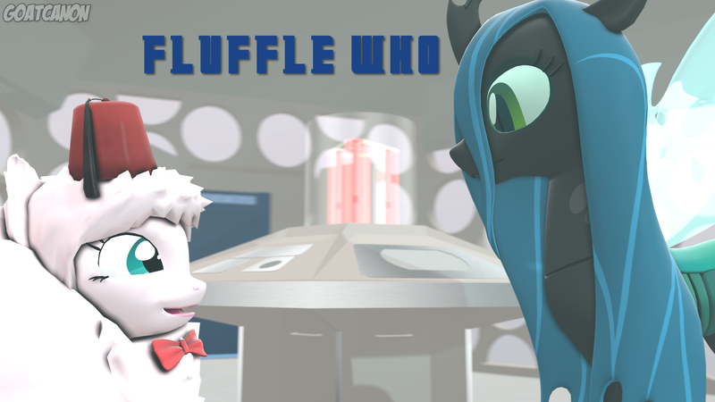 Size: 3840x2160 | Tagged: safe, artist:goatcanon, derpibooru import, queen chrysalis, oc, oc:fluffle puff, changeling, changeling queen, pony, 3d, bowtie, crossover, cute, cutealis, doctor who, duo, duo female, eleventh doctor, female, fez, flufflebetes, hat, mare, source filmmaker, tardis