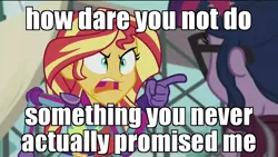 Size: 960x540 | Tagged: safe, derpibooru import, edit, edited screencap, screencap, sci-twi, sunset shimmer, twilight sparkle, equestria girls, friendship games, angry, discovery family logo, exploitable meme, image macro, meme, pointing, sunset yells at twilight