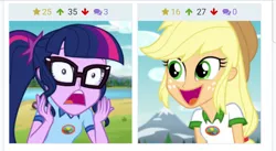Size: 1080x592 | Tagged: safe, derpibooru import, screencap, applejack, sci-twi, twilight sparkle, derpibooru, equestria girls, legend of everfree, camp everfree outfits, cowboy hat, faic, freckles, glasses, hat, juxtaposition, juxtaposition win, looking at each other, meme, meta, mountain, open mouth, ponytail, river, varying degrees of want