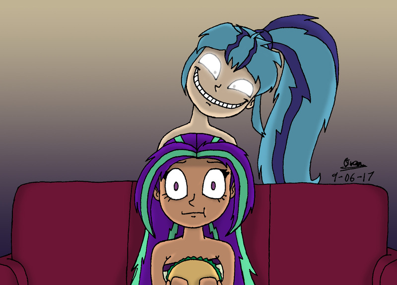 Size: 1601x1149 | Tagged: safe, artist:tmntsam, derpibooru import, aria blaze, sonata dusk, pony, :t, bare shoulders, couch, creepy, creepy smile, dark skin, duo, duo female, female, food, glowing eyes, grin, human coloration, psychonata dusk, sleeveless, smiling, sonataco, strapless, taco, that girl sure loves tacos, wide eyes