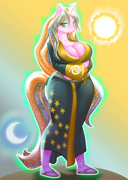 Size: 2481x3506 | Tagged: anthro, anthro oc, artist:art-2u, breasts, cleavage, clothes, commission, derpibooru import, female, glowing horn, magic, moon, oc, oc:astraea, plantigrade anthro, safe, sandals, smiling, solo, sun, unofficial characters only, vaguely asian robe