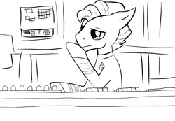 Size: 1280x886 | Tagged: safe, artist:fluor1te, derpibooru import, grand pear, pony, the perfect pear, james t kirk, monochrome, solo, star trek, voice actor joke, young grand pear, younger