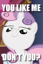 Size: 290x424 | Tagged: safe, derpibooru import, edit, edited screencap, screencap, sweetie belle, pony, just for sidekicks, bronybait, cropped, image macro, lidded eyes, meme, question, smug, solo