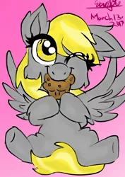 Size: 1000x1414 | Tagged: safe, artist:emositecc, derpibooru import, derpy hooves, pegasus, pony, cheek fluff, ear fluff, female, filly, fluffy, food, gradient background, muffin, nom, one eye closed, signature, sitting, solo, spread wings, wings