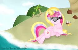 Size: 3848x2456 | Tagged: safe, artist:raspberrystudios, derpibooru import, oc, oc:aurelia charm, unofficial characters only, alicorn, pony, alicorn oc, beach, folded wings, magic, relax, vacation