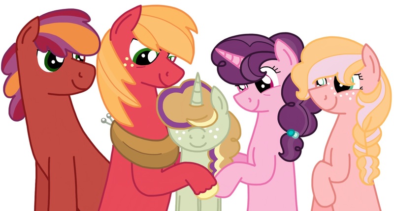 Size: 2048x1101 | Tagged: safe, artist:kindheart525, derpibooru import, big macintosh, sugar belle, oc, oc:discovery, oc:honeycrisp, oc:somerset sour cider, earth pony, pony, unicorn, kindverse, female, looking at each other, male, next generation, offspring, parent:big macintosh, parent:cheerilee, parent:sugar belle, parents:cheerimac, parents:sugarmac, shipping, simple background, stallion, story included, straight, sugarmac, white background