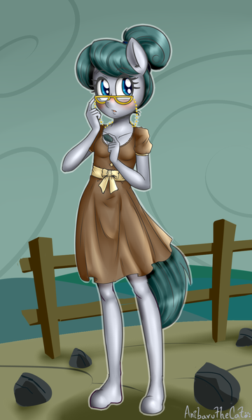 Size: 900x1500 | Tagged: safe, artist:anibaruthecat, derpibooru import, cloudy quartz, anthro, earth pony, unguligrade anthro, clothes, dress, female, glasses, mare, rock, solo, younger