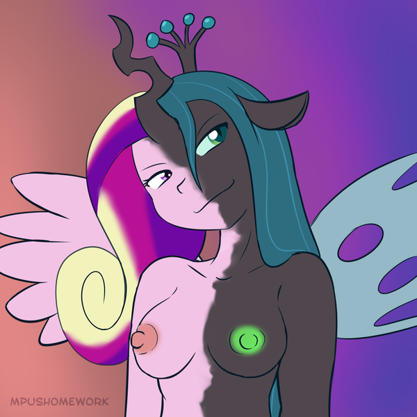 Size: 1000x1000 | Tagged: 30 minute art challenge, anthro, artist:empyu, breasts, changeling, character to character, derpibooru import, digital art, disguise, disguised changeling, fake cadance, female, gradient background, nipples, nudity, princess cadance, queen chrysalis, questionable, smiling, solo, solo female, transformation