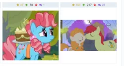 Size: 644x345 | Tagged: safe, derpibooru import, edit, edited screencap, screencap, bright mac, cup cake, pear butter, pony, derpibooru, the perfect pear, brightbutter, chiffon swirl, female, juxtaposition, juxtaposition win, male, meme, meta, shipping, straight, younger