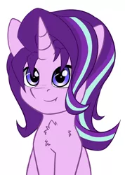 Size: 1404x1976 | Tagged: safe, artist:duop-qoub, derpibooru import, starlight glimmer, pony, unicorn, bust, chest fluff, cute, female, glimmerbetes, looking at you, mare, simple background, sitting, smiling, solo, white background