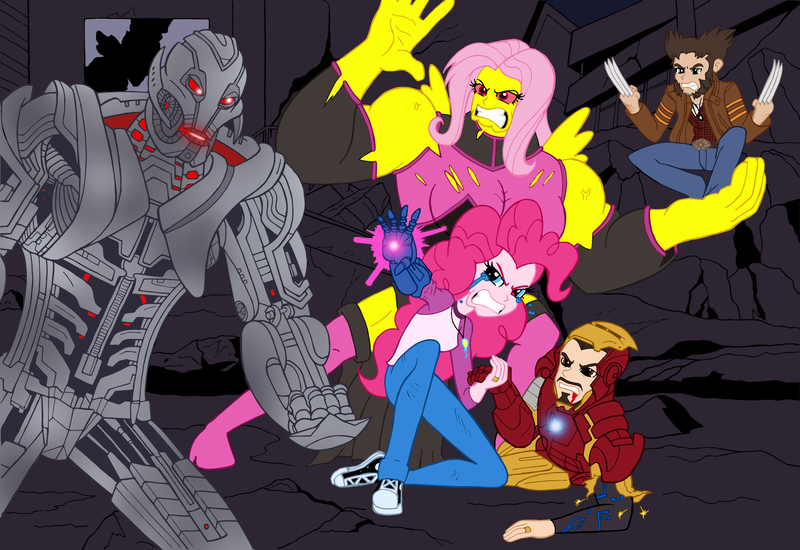 Size: 3595x2470 | Tagged: safe, artist:edcom02, artist:jmkplover, derpibooru import, fluttershy, pinkie pie, human, robot, equestria girls, angry, antagonist, avengers, avengers: age of ultron, belt, blue eyes, bone spike projection, clothes, converse, crossover, equestria girls-ified, female, fight, flutterhulk, furious, glowing eyes, glowing mouth, green eyes, gritted teeth, hazel eyes, iron man, iron suit, jacket, james howlett, jeans, logan, machine, marvel, muscles, muscular female, pants, red eyes, shoes, sneakers, tears of anger, tony stark, ultron, wolverine