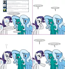 Size: 1500x1604 | Tagged: safe, artist:dekomaru, derpibooru import, rarity, trixie, oc, oc:hazel lulamoon, pony, tumblr:ask twixie, ask, female, mother and daughter, tumblr