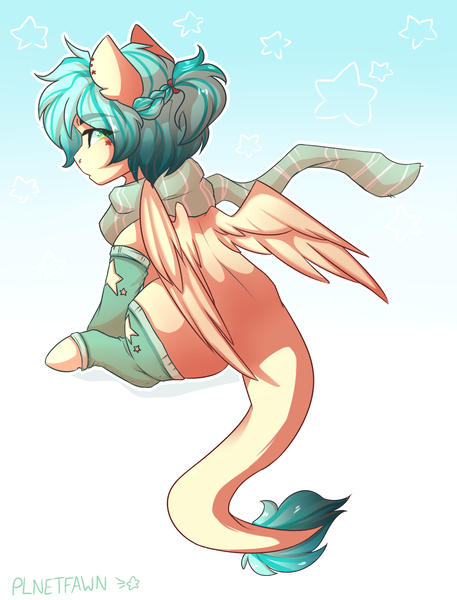 Size: 1600x2100 | Tagged: safe, artist:plnetfawn, derpibooru import, oc, unofficial characters only, pony, abstract background, clothes, dragon tail, gradient background, looking at you, looking back, male, ponytail, scarf, socks, solo, stallion, wings