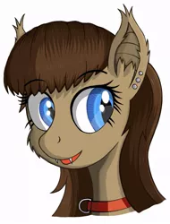 Size: 717x942 | Tagged: safe, artist:negasun, derpibooru import, oc, oc:lunette, unofficial characters only, bat pony, pony, collar, ear piercing, earring, fangs, female, jewelry, mare, piercing, simple background, solo, white background