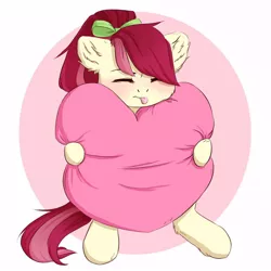 Size: 1000x1000 | Tagged: safe, artist:haru_s, derpibooru import, roseluck, earth pony, pony, bow, cute, ear fluff, eyes closed, female, fluffy, hair bow, heart, heart pillow, mare, pillow, ponytail, sitting, solo, tongue out